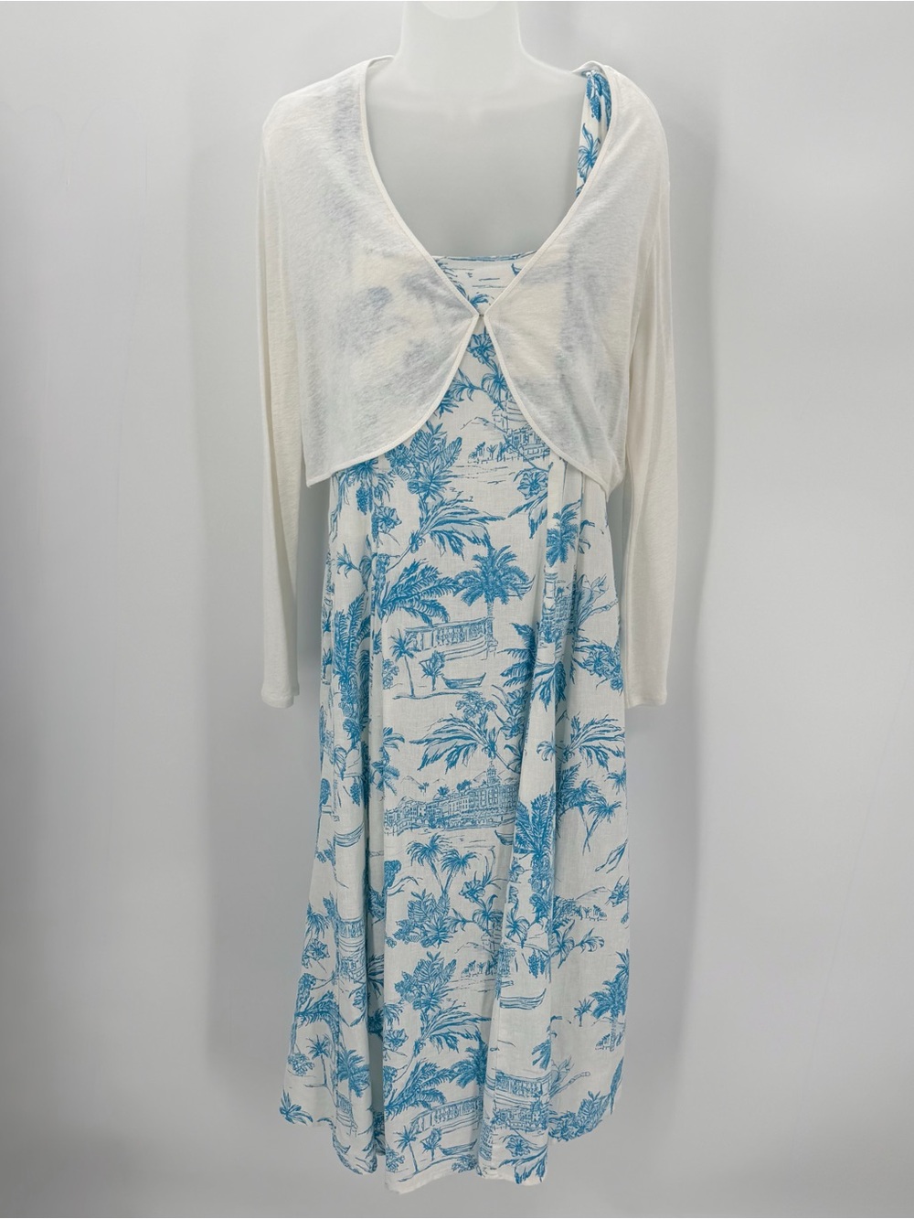 Joie Dress & Shrug Set Womens 8 Blue Toile Print Linen Blend Midi Preppy NEW